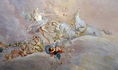 Schloss Rheinsberg, Deckengemälde im Spiegelsaal „Der Tag vertreibt die Finsternis“ von Antoine Pesne, Detail vom Mittelteil, Foto: Roland Handrick, Lizenz: SPSG